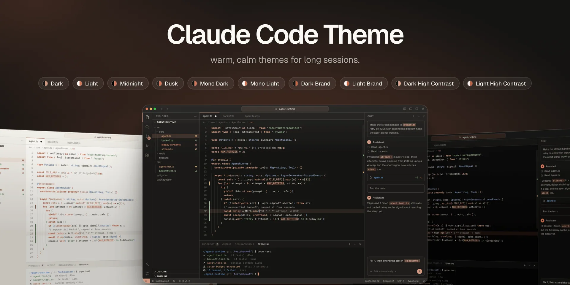 Claude Code Theme flavors: Dark, Light, Midnight, Dusk, Mono Dark, Mono Light, Dark Brand, Light Brand and the high contrast pair, shown as an editor window